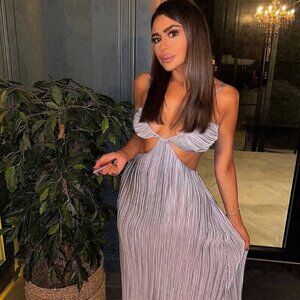 Zara Cut Out Pleated Midi Long Dress Light Blue Size Medium